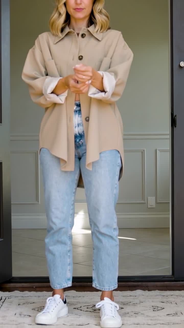 Video verticale: donna adulta entra nell'atrio, ruota il flacone preparando la crema indossando una overshirt