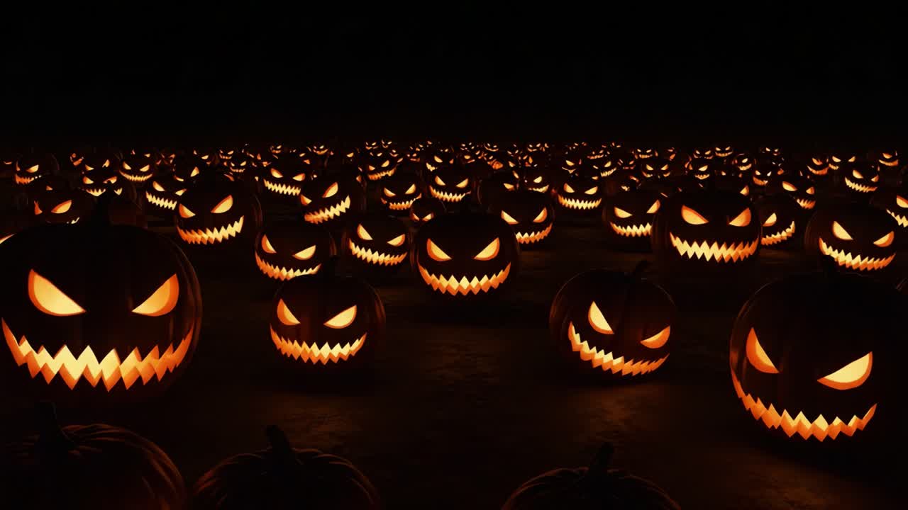 A Spooky Collection of Menacing Jack-o'-Lanterns Illuminated in the Dark, Creating a Haunting Atmosphere Perfect for Halloween Celebrations and Festivities