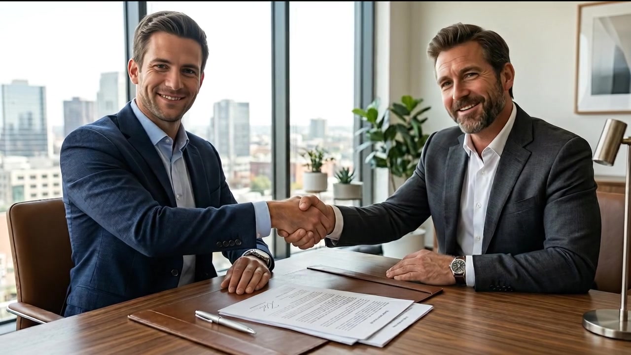 Profesionales corporativos dándose la mano después de un acuerdo comercial exitoso.