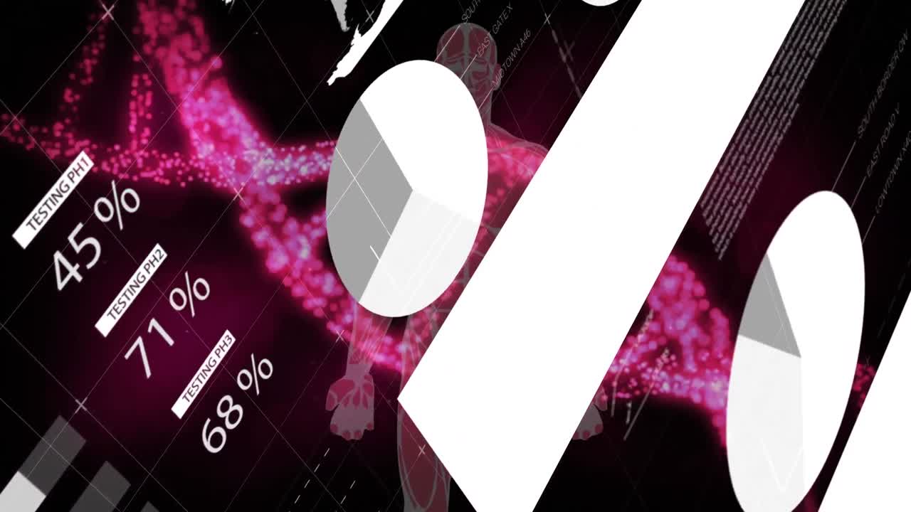 검은색 바탕에 디지털 인간과 dna 스트랜드에 대한 데이터 처리의 애니메이션.