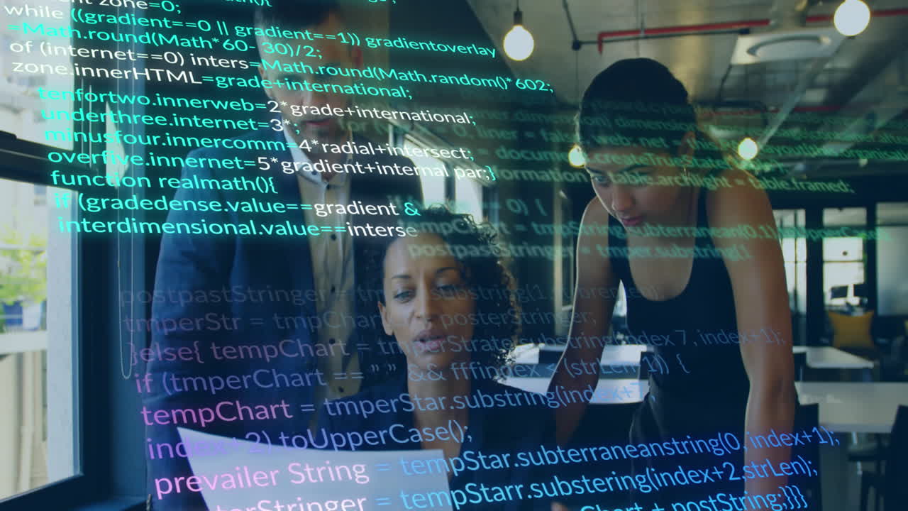 Animation of multicolored computer language over diverse coworkers discussing reports in office