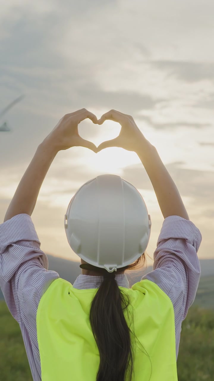 Ingegnere con cappello e giubbotto di sicurezza forma un cuore con le mani contro il cielo e le turbine eoliche a