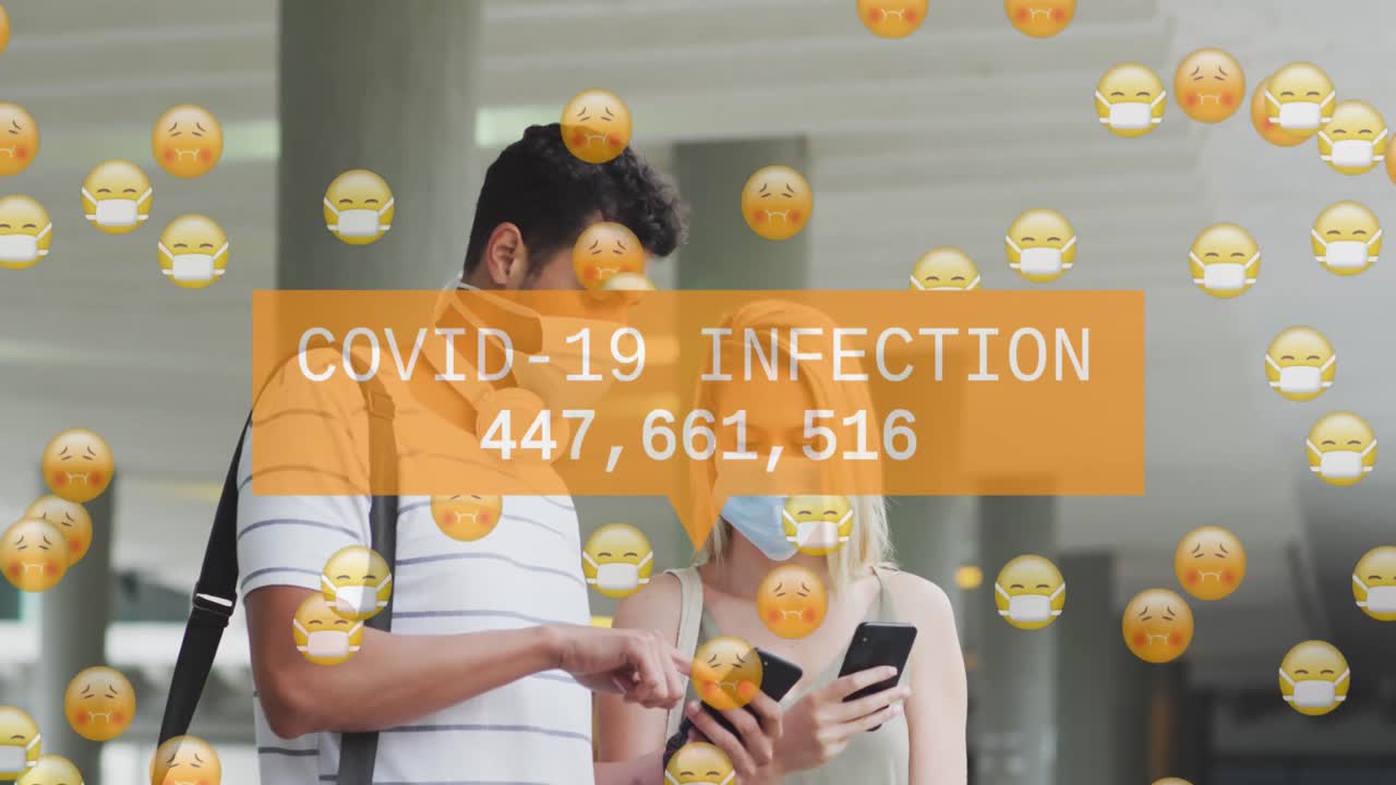 Animation of emoticons in face masks and increasing number over caucasian couple in face masks