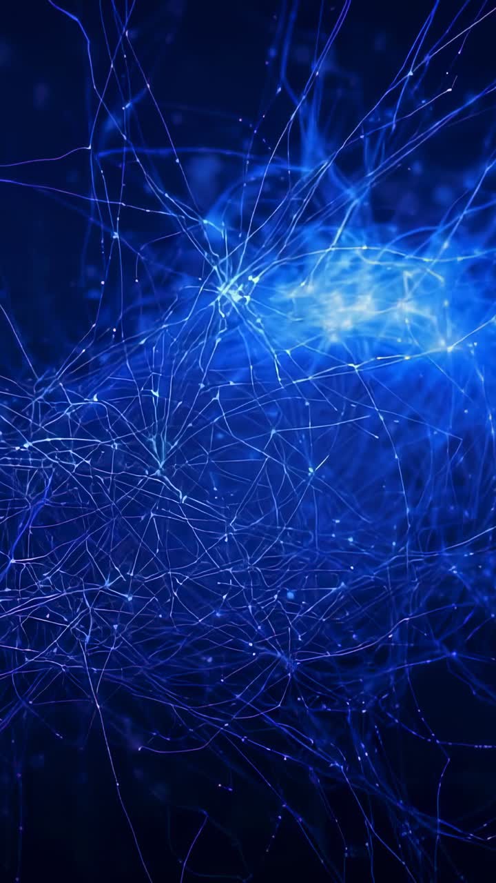 Vertical video: Glowing node appearing in void, fine filaments extending, pulses traveling, dimming