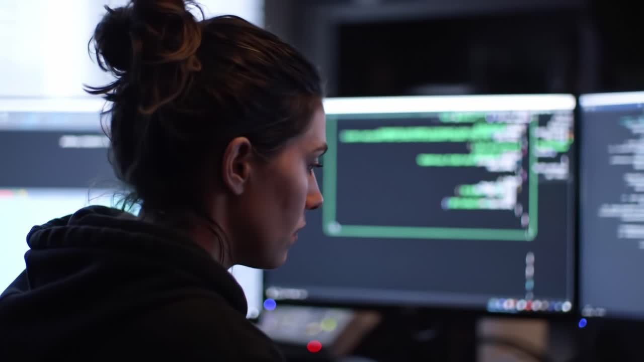 Focused Programmer Analyzing Code on Dual Screens, Immersed in a World of Algorithms and Data, Showcasing the Intellect and Determination of Modern Development