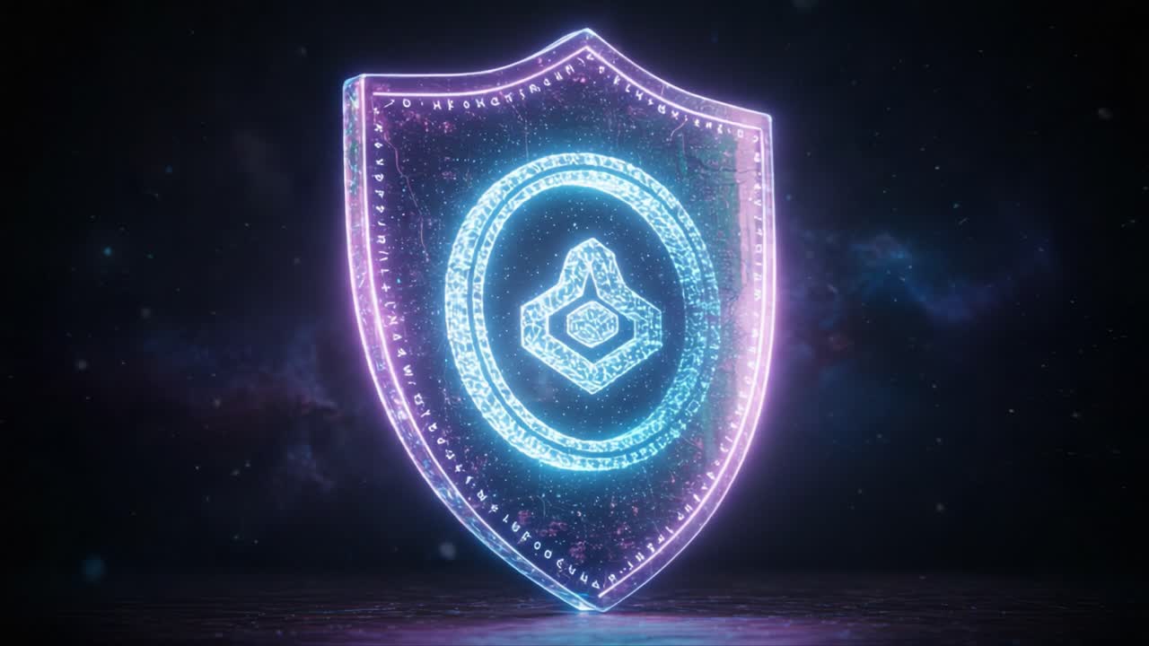A Stunning Digital Shield Illuminated in Cosmic Colors, Symbolizing Security and Protection in a Futuristic Realm of Technology and Innovation