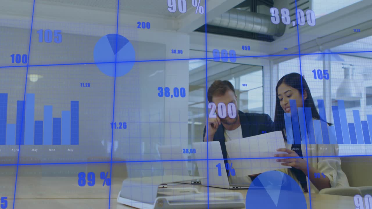 Animation of changing numbers and multiple graphs over diverse coworkers discussing reports