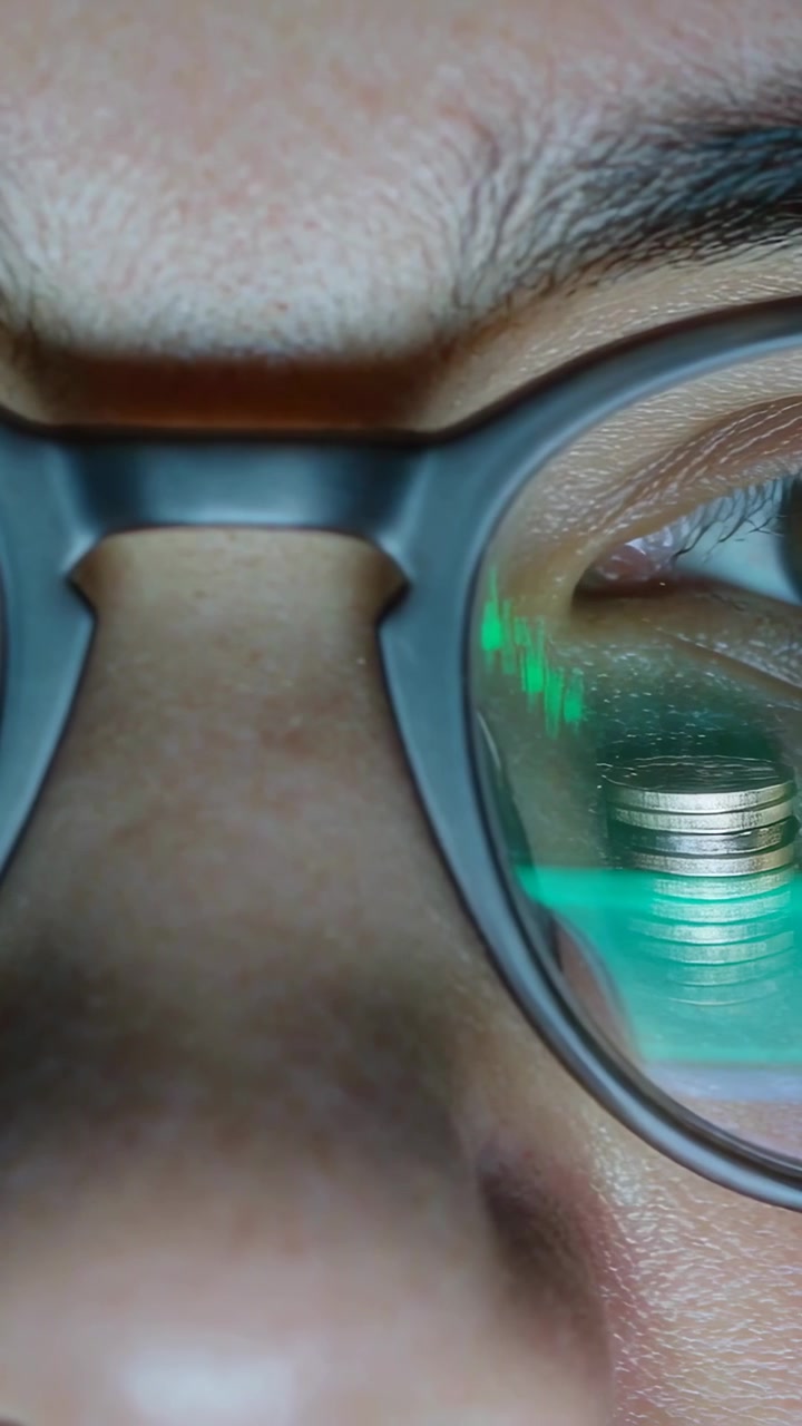 Vertical video: Seeing screen update, man with specs reading market chart at dim desk, noting coins