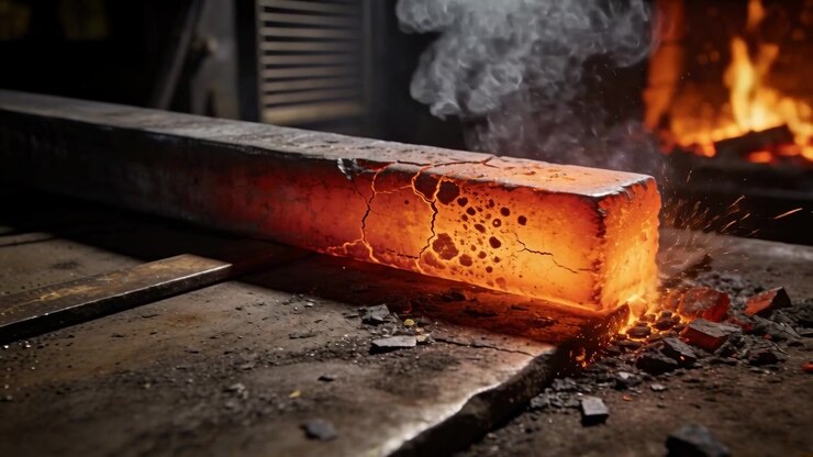 Glowing long steel billet cooling on forge bench after leaving furnace, emitting smoke and sparks