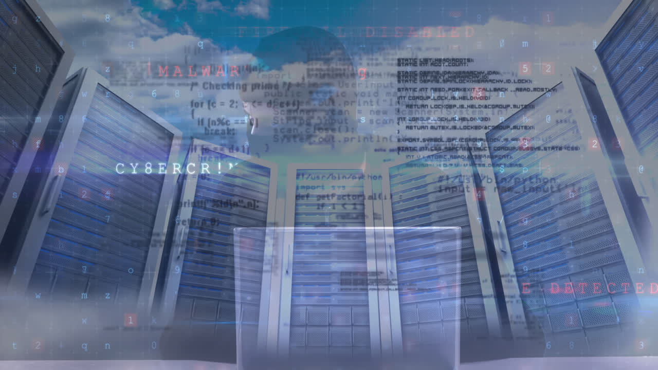 Animation of cyber attack warning over hacker in server room