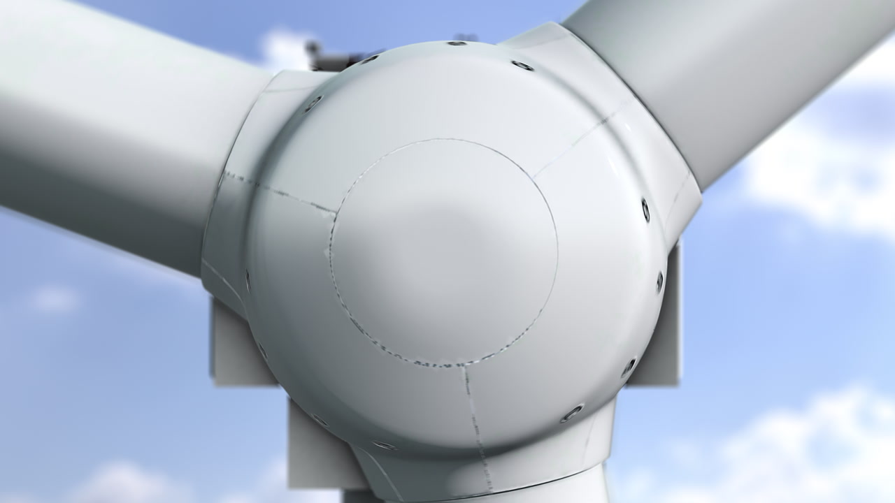Close-up of Rotor of 3D Rendered Wind Turbine Spinning on Blue Sky Background. Renewable Energy Wind Farm Concept Visualisation. Sustainable development, clean power infrastructure animation.
