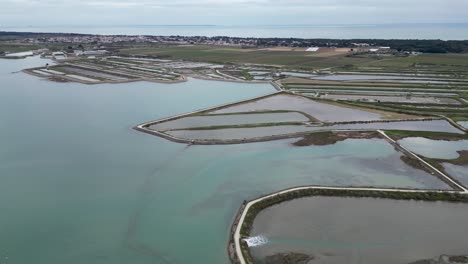 salt marshes in the île de ré island in western france near the village of loix, aerial pan left shot