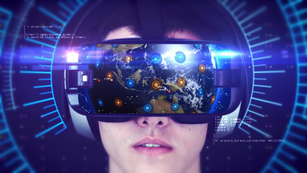 Young man wearing VR headset and experiencing 3D virtual reality. Seamless Loop
