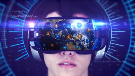 joven con auriculares vr y experimentando la realidad virtual en 3d.