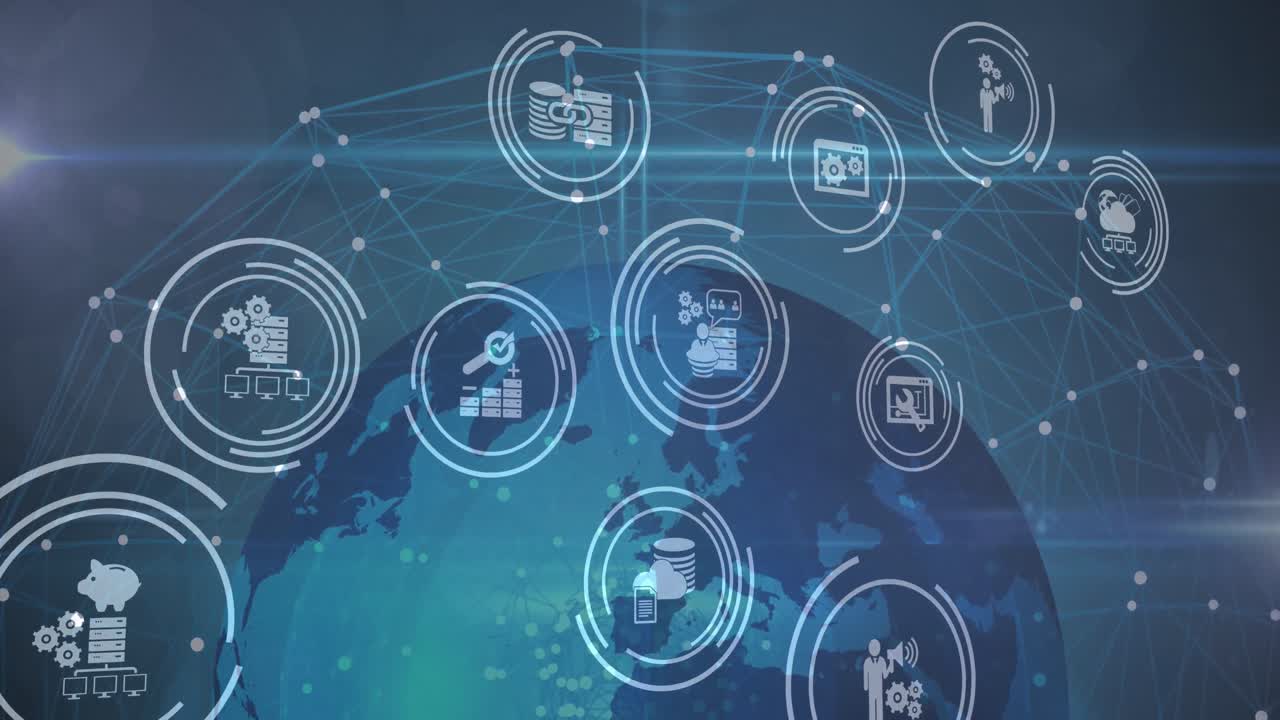 Animazione di rete di connessioni con icone su mappamondo
