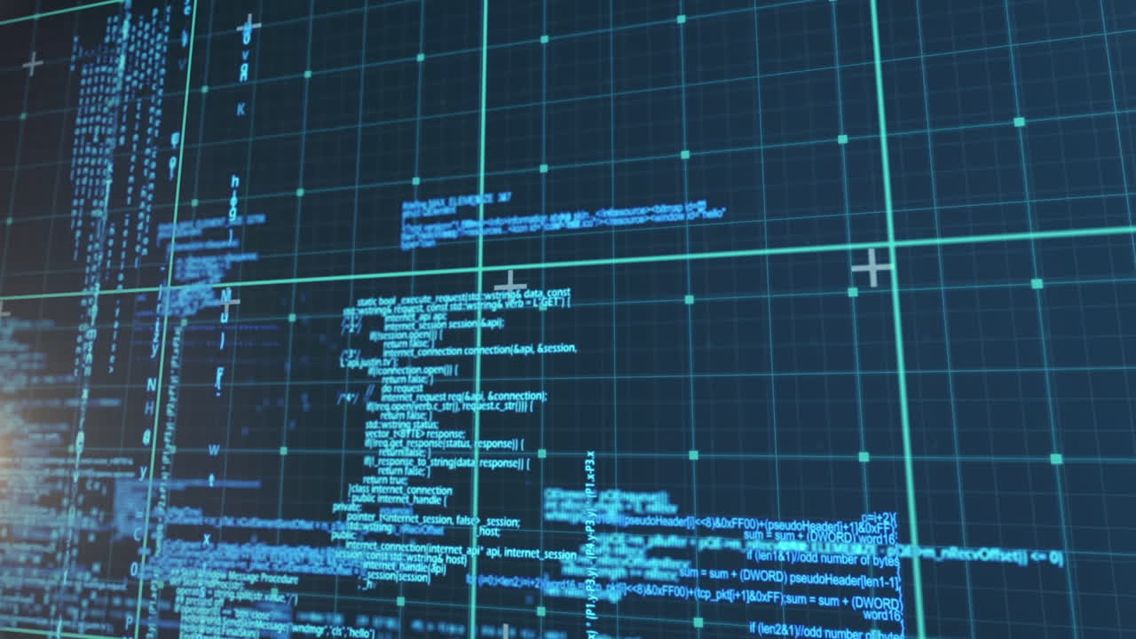 Animation of digital data processing over grid and blue background
