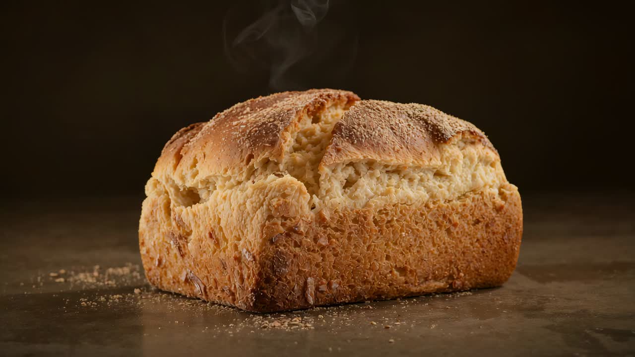 Emitting steam after oven removal baked bread loaf cooling on dark table, flour-dusted with crumbs
