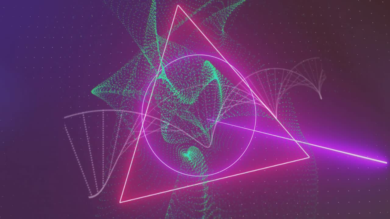 A digital animation of neon shapes and green waves on a violet background