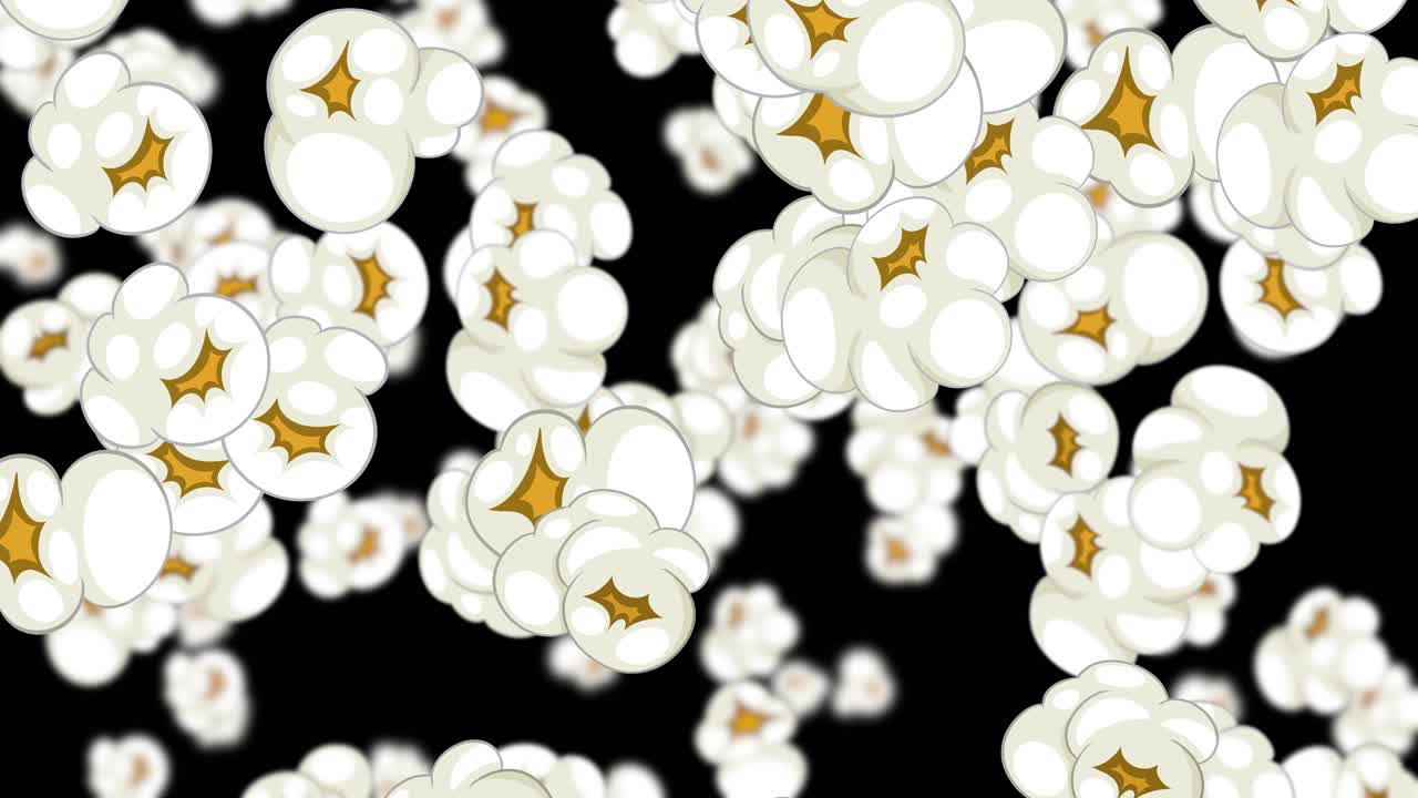 Looping popcorn kernels rain downward in dense layers over black background, playful seamless motion