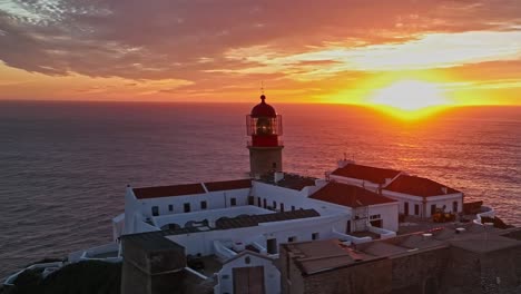 aerial shot orbiting the lighthouse as the sun dips below the horizon, painting the ocean in deep hues.