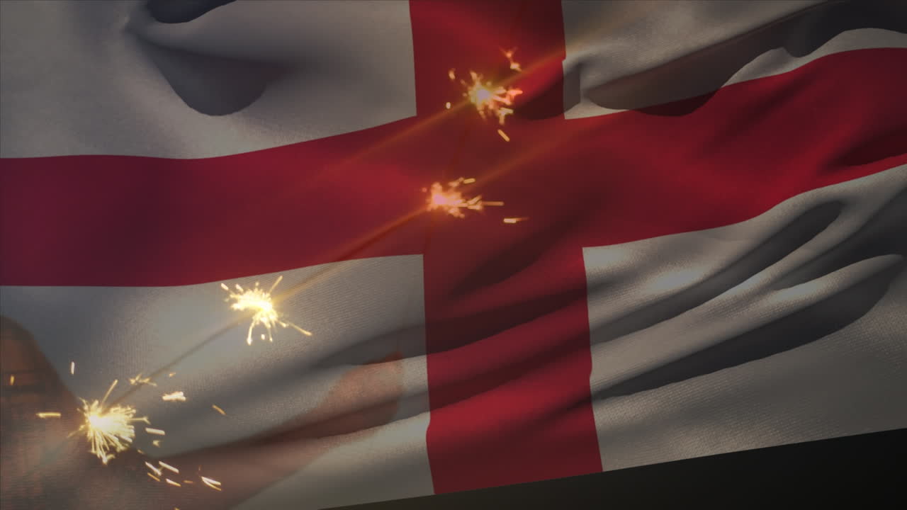 animación de ondear la bandera de inglaterra sobre un grupo de amigos en la playa