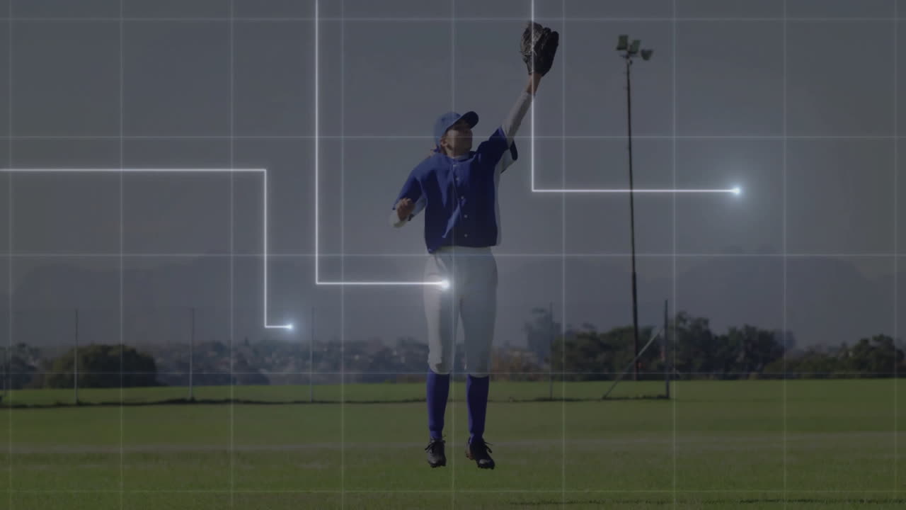 Baseball player catching ball with network connections animation over field