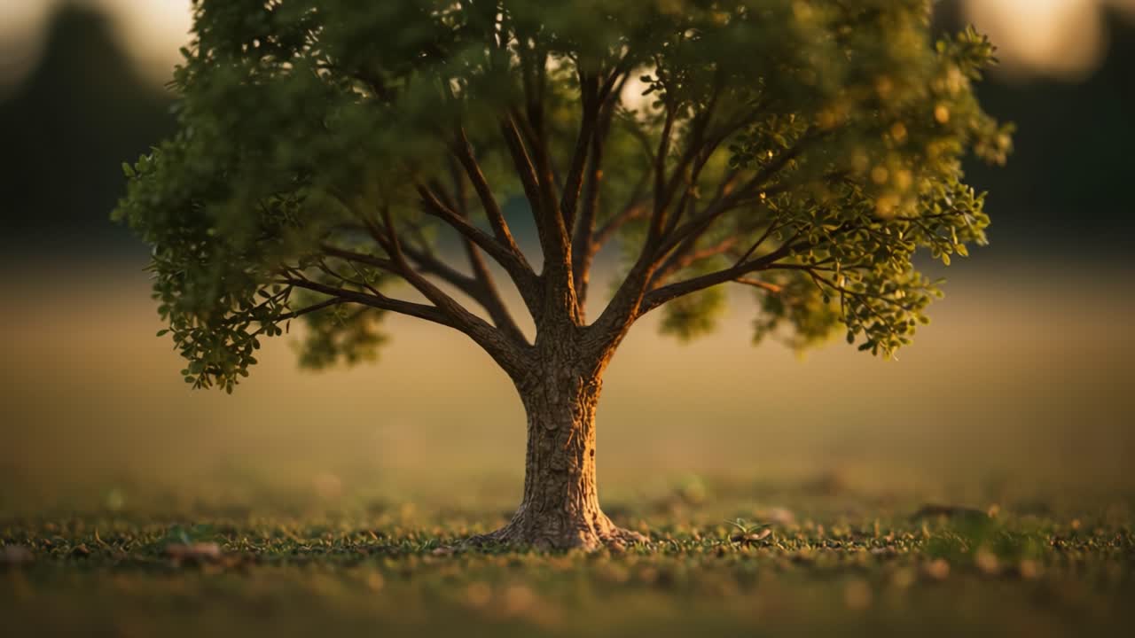 A Beautiful Captured Moment of a Detailed Miniature Tree Standing Amidst a Softly Lit Natural Landscape During Golden Hour