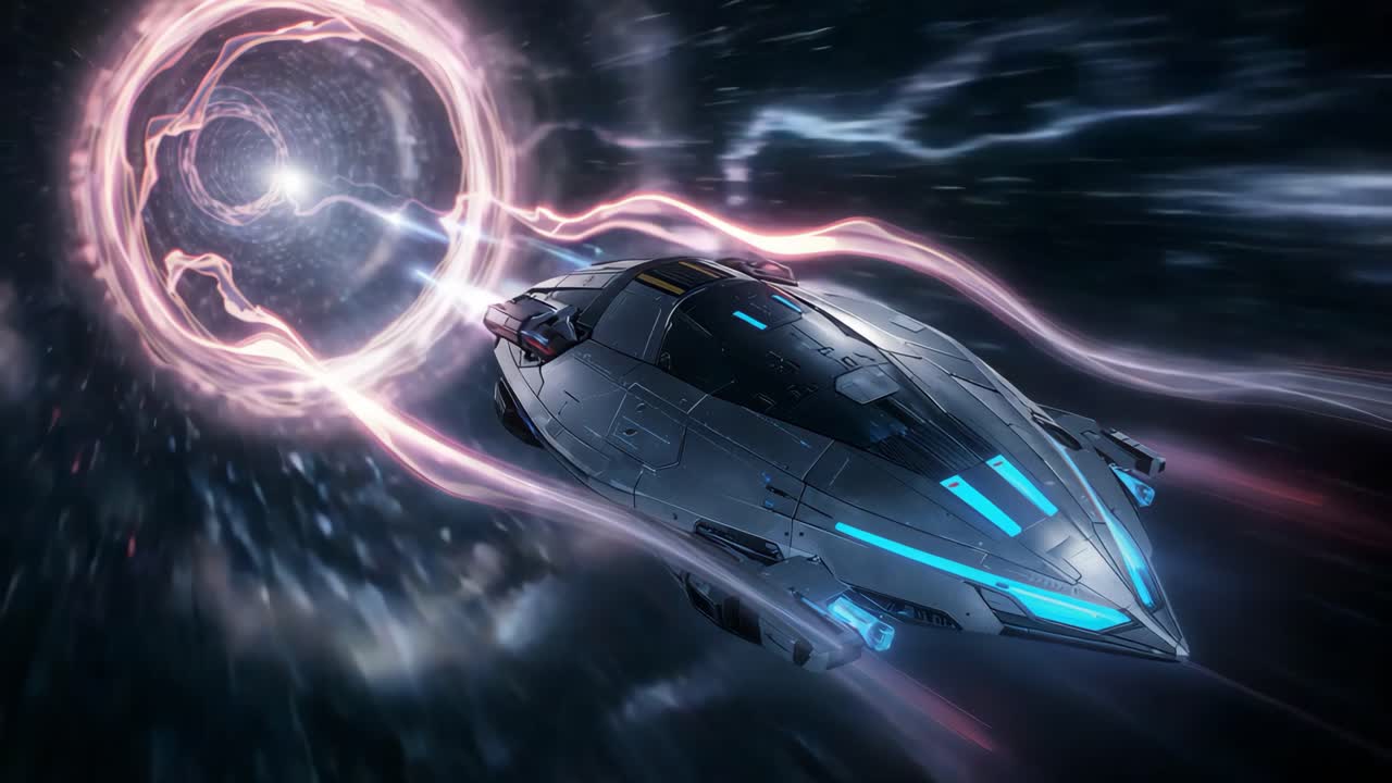 Futuristic Spaceship Traveling Through a Wormhole