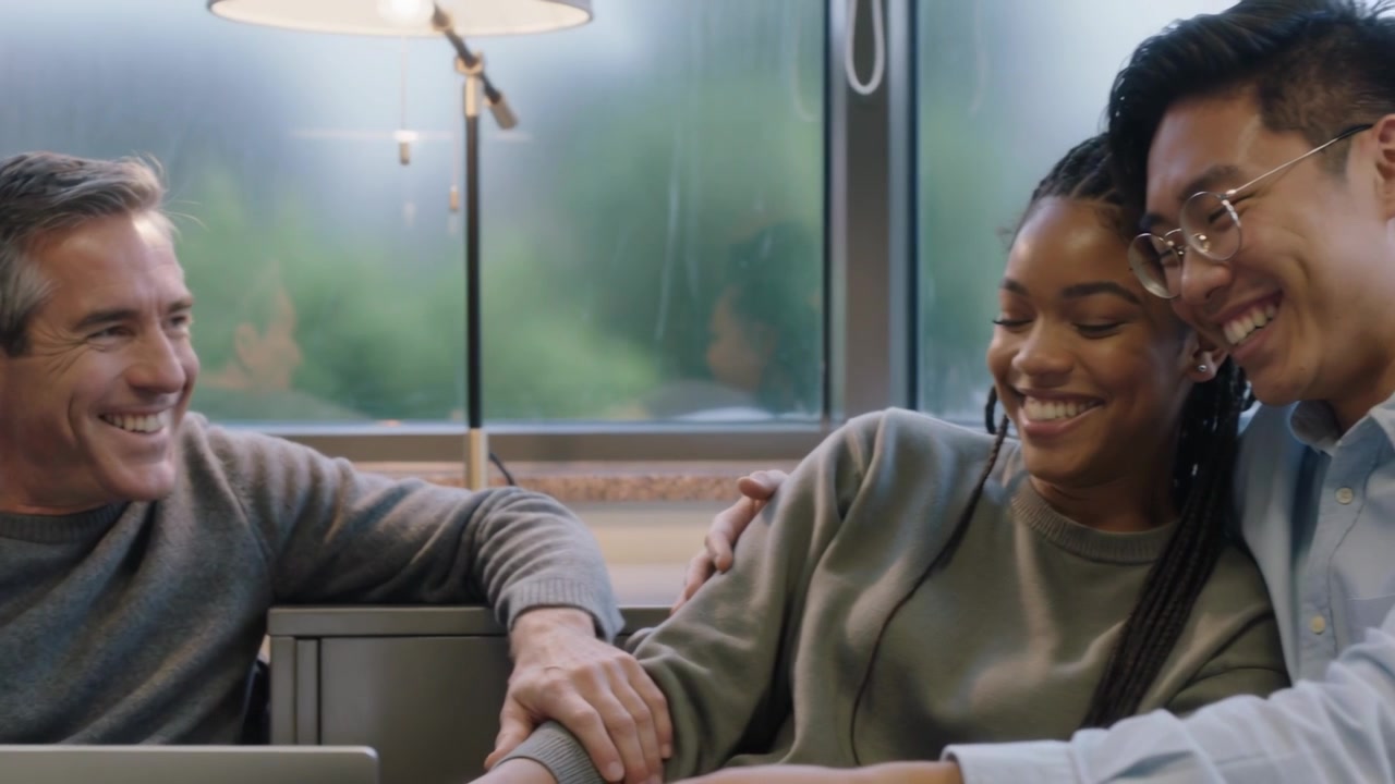 Reacting to laptop, man placing hand on woman while friends smiling on sofa in lounge, casual