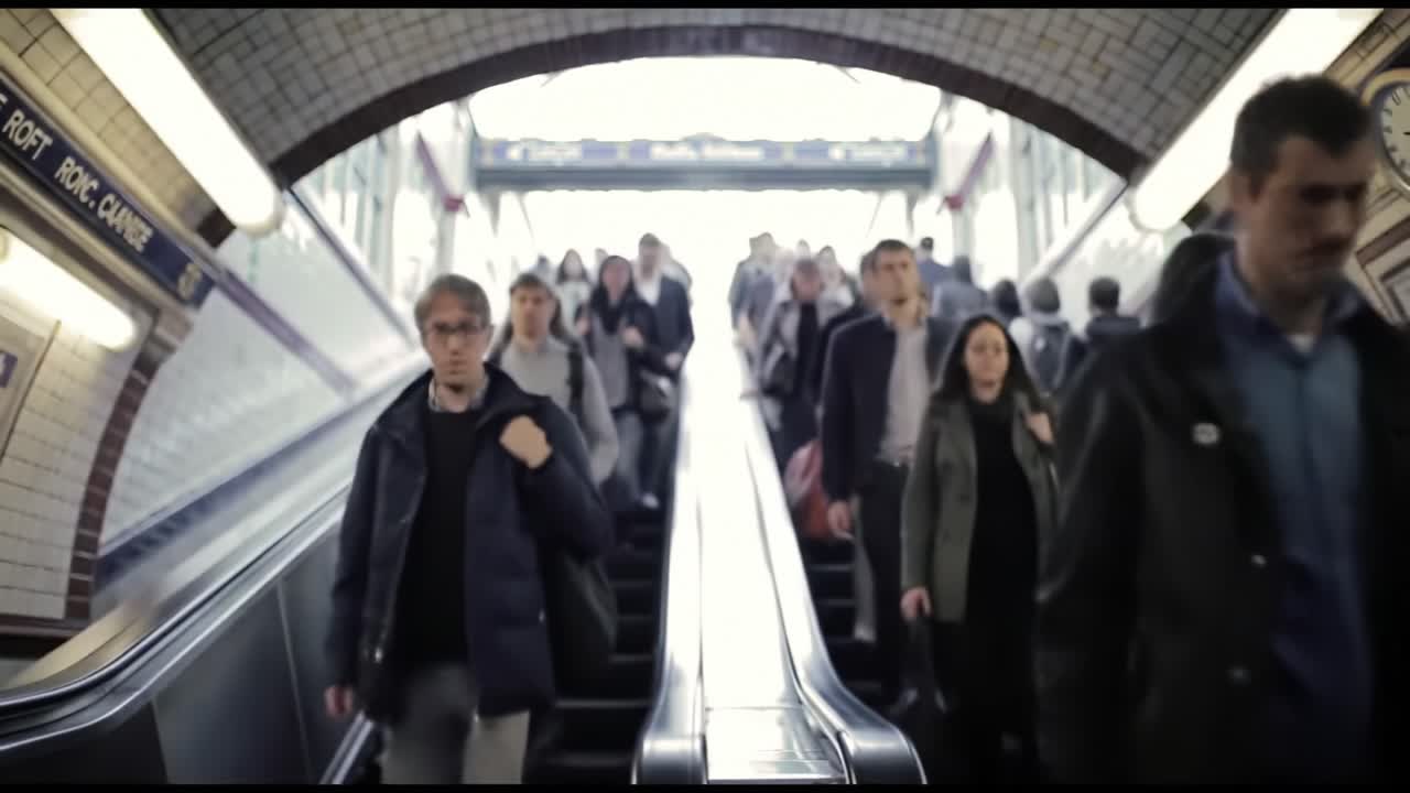 A Busy Underground Escalator Scene Capturing the Daily Commute of Crowded Passengers Moving Through a Metro Station Environment