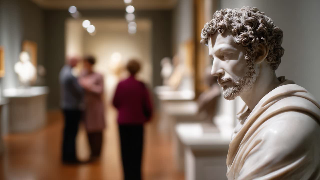 En tankefull marmorbyste i et kunstgalleri, med besøkende i samtale blant vakre skulpturer og myk galleribelysning