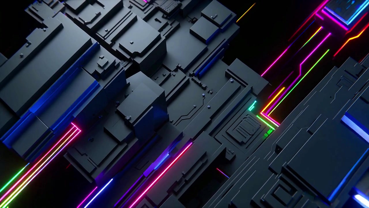 Colorful Data Flowing Across a Futuristic Circuit Board