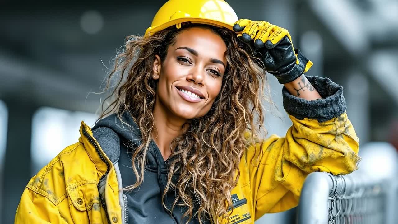 A woman wearing a yellow hard hat and gloves