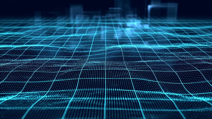 Digital Mesh Landscape With Holographic Blocks, Dotted Grid Foreground And Distant Glowing City Silhouettes,