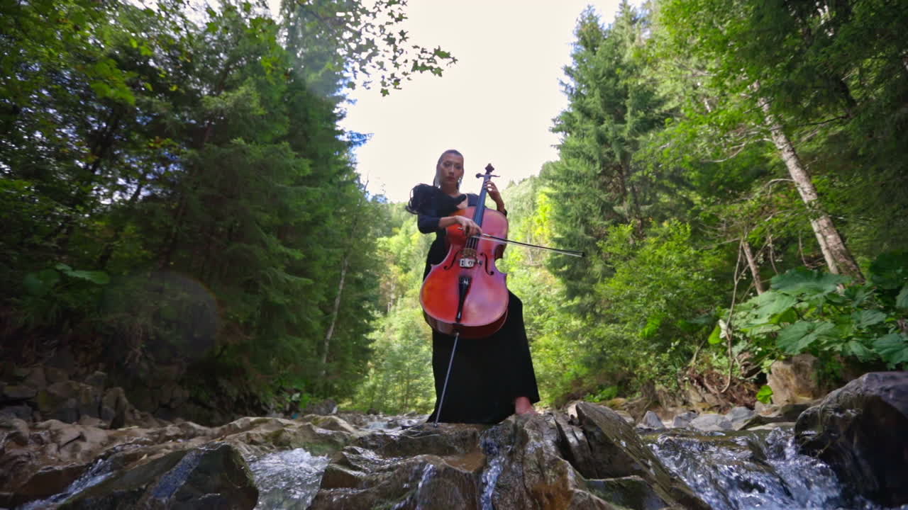 Pretty woman playing on a cello in nature. Luxury young cellist in dress perfoming music in the forrest.