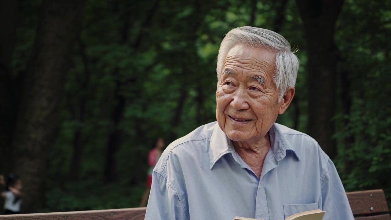 年長的亞洲男子在公園長椅上閱讀書籍