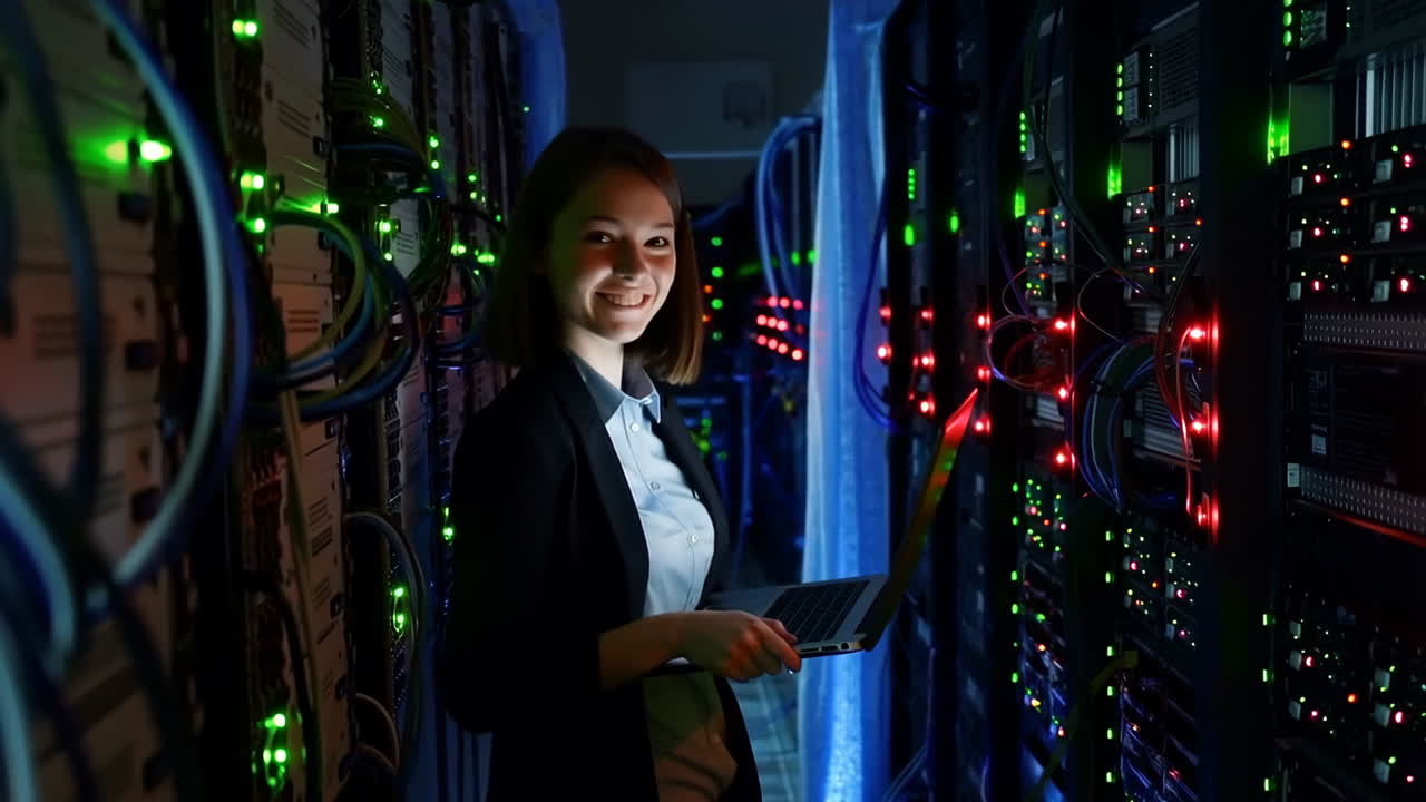 Woman with Laptop in Data Center