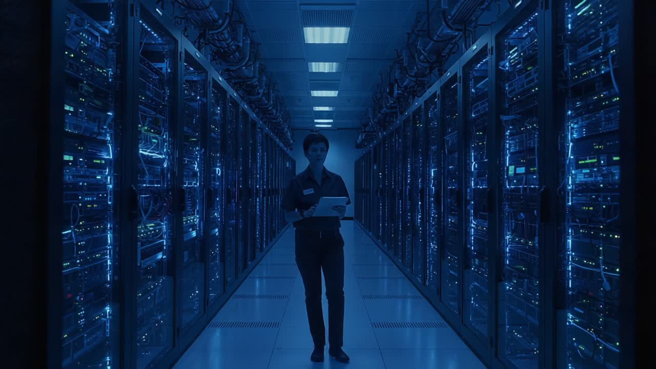 A technician navigates through dimly lit server aisles, surrounded by rows of advanced technology and vibrant blue lighting, showcasing the intricacies of modern data centers