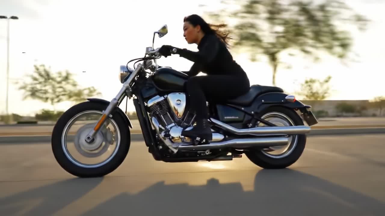 A Confident Rider Enjoys the Open Road on a Sleek Motorcycle, Embracing Freedom and Adventure with Every Twist of the Throttle in a Beautiful Evening Setting