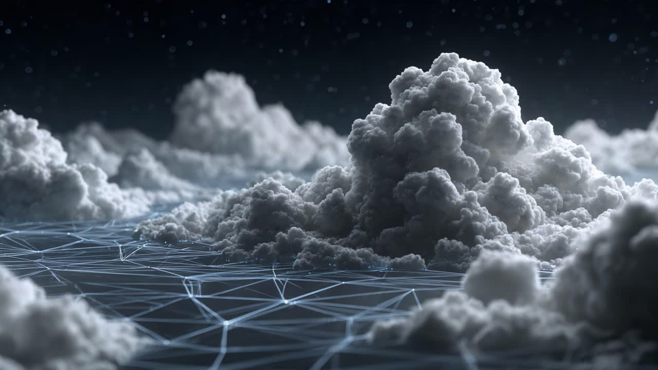 A Stunning Digital Visualization of Clouds and Networked Structures in a Starry Night Sky, Highlighting the Fusion of Nature and Technology