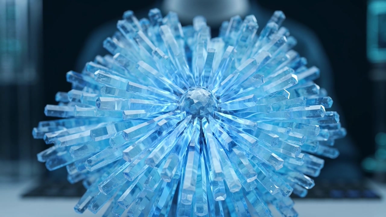 Abstract Blue Crystal Sphere Rotating in Digital Laboratory Environment