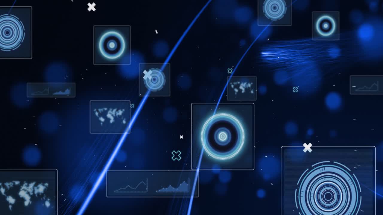 Animation of scopes scanning and data processing over screens on dark background