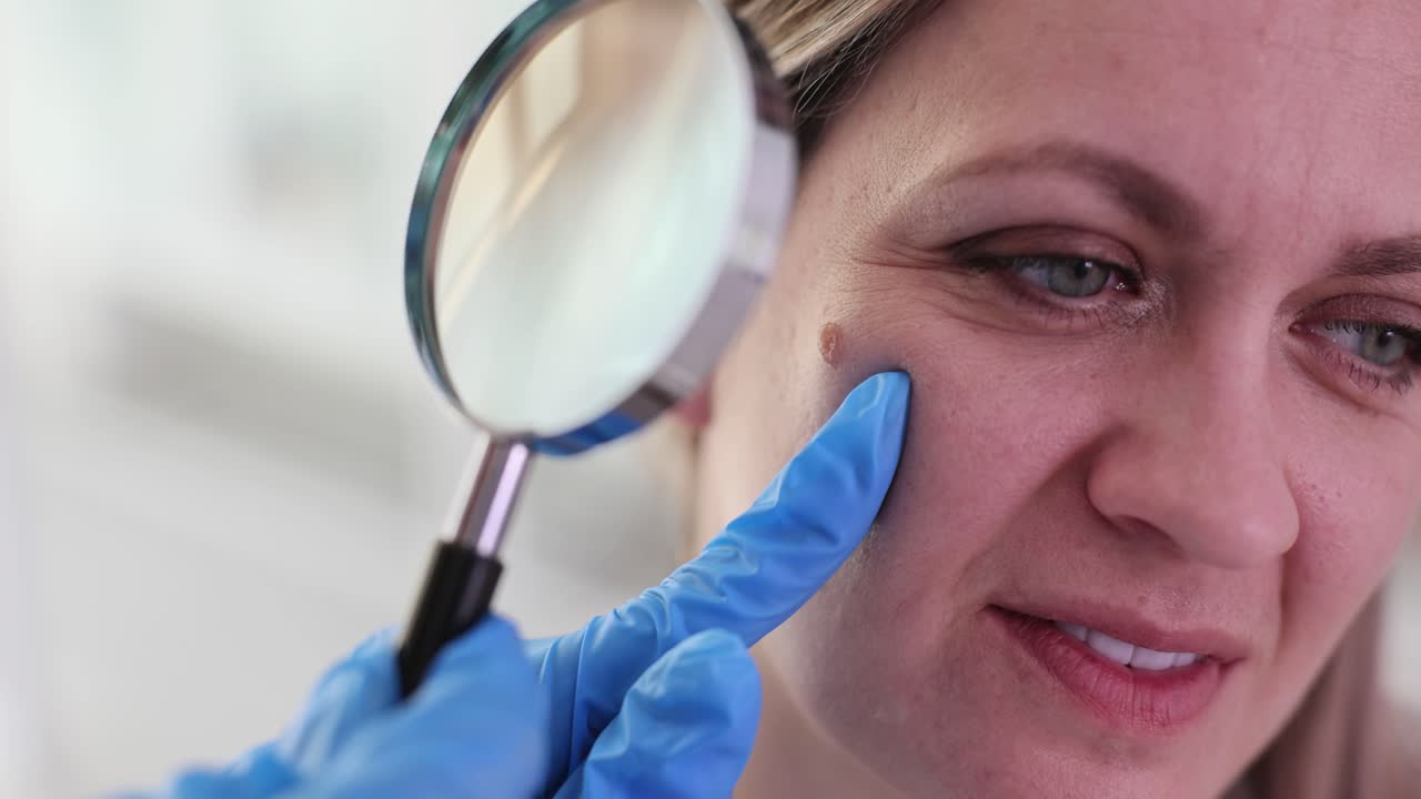 Dermatological examination of a mole with a magnifying glass