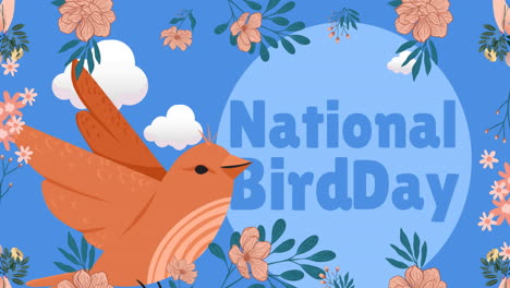 animación del texto del día nacional de las aves con iconos de pájaros y flores sobre fondo azul