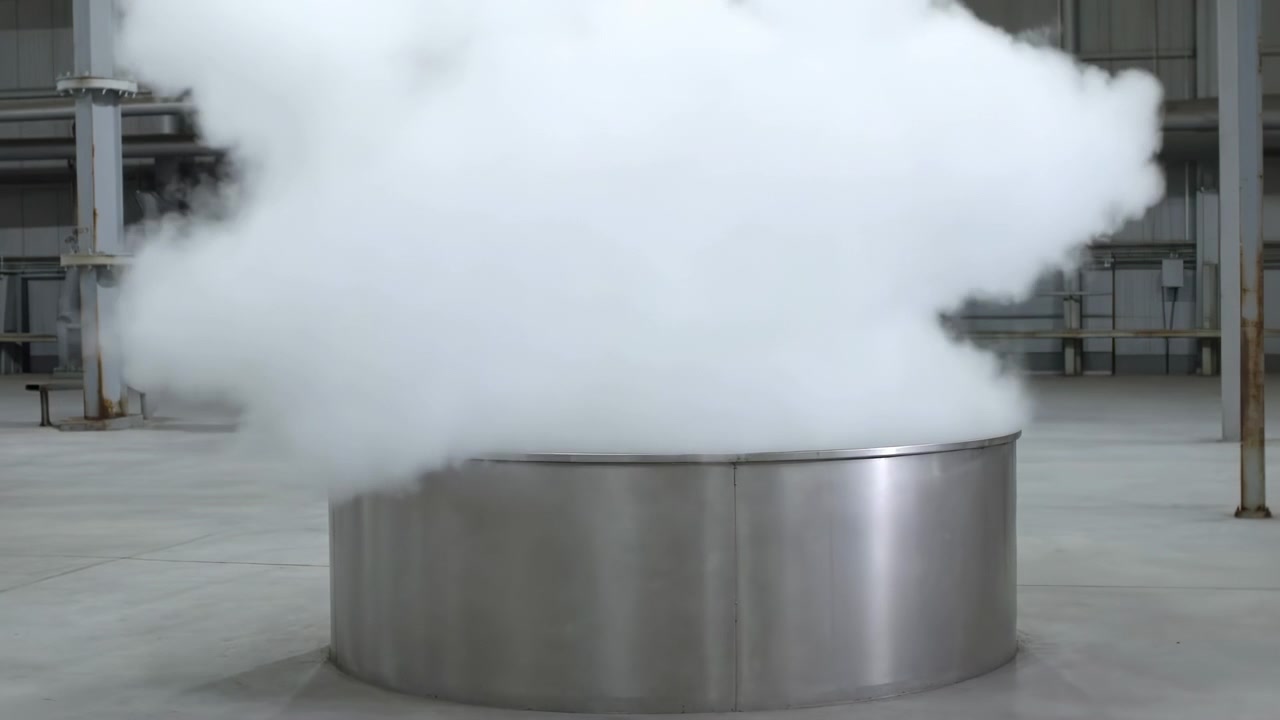 空の倉庫で濃い蒸気を放出する工業用ステンレス製タンク。金属表面に立ち上る蒸気の雲がクールな雰囲気を醸し出す。