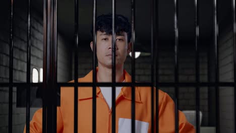 close up of asian male prisoner standing with arms akimbo in prison, raising head and looking to camera