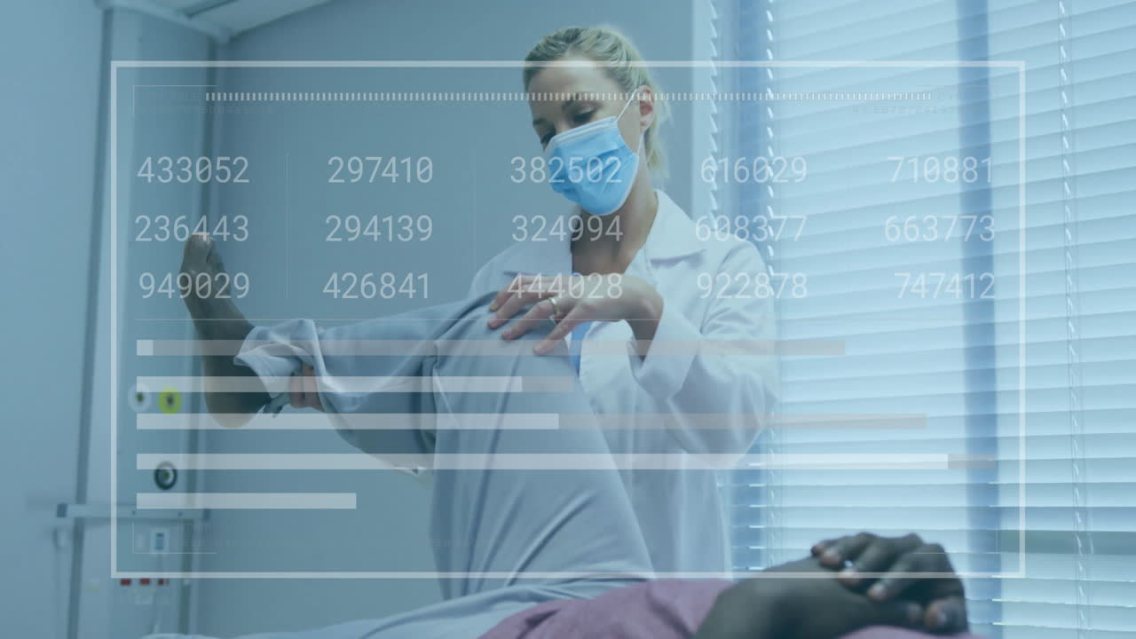 Female doctor examining male patient knee in clinic, with floating numeric overlay and bar charts
