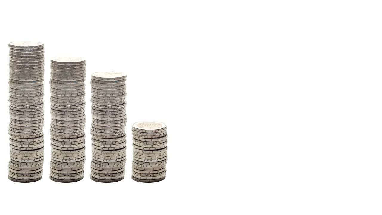 Nine stacks of coins decreasing - Stop Motion.