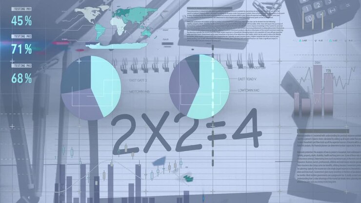 Animation of data processing over mathematical equation and school items