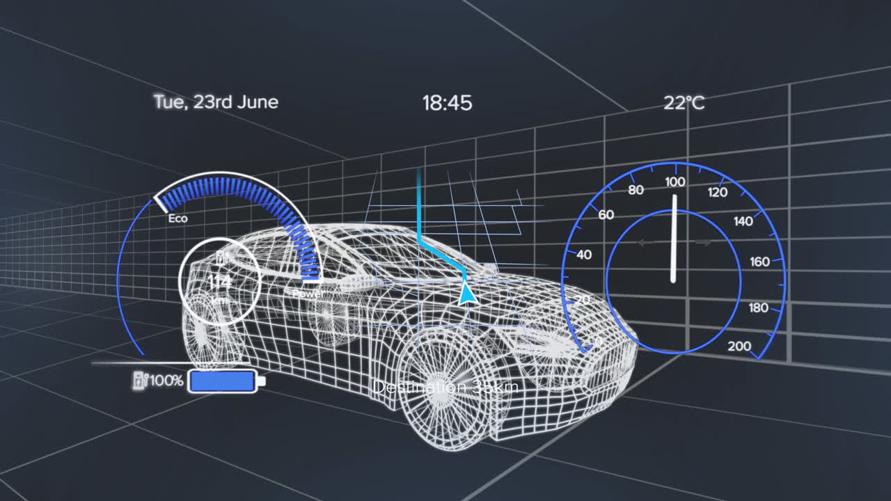 차량 인터페이스에서 스피도미터, gps 및 충전 상태 데이터의 애니메이션, 3d 자동차 모델